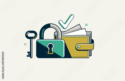 Secured banking vector detailed icons set, electronic wallet e-wallet deposit money savings protection, financial risk and safety.