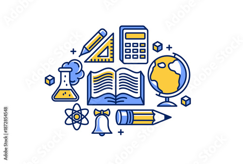 Education vector illustration, university and high school study science, physics and chemistry learning.