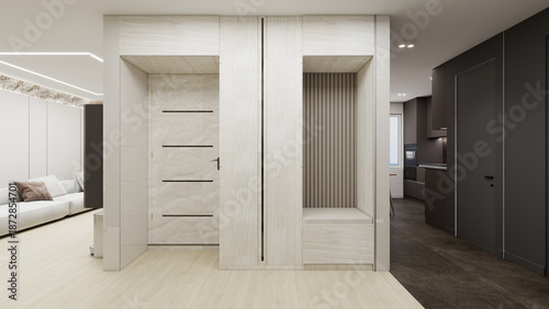 Schilderij op canvas Bright modern hallway with light wood built-in wardrobes, integrated seating, cl