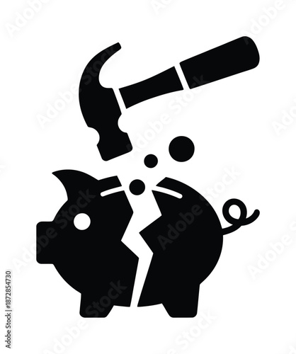 A vector image of a hammer breaking a piggy bank in black and white