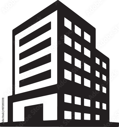 Modern hotel, office building silhouette vector icon or corporate business logo. Corner perspective view of a contemporary architectural silhouette for a real estate agency