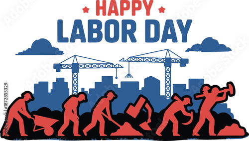 Happy Labor Day text with construction workers building cityscape