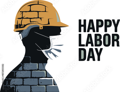 Happy Labor Day worker silhouette with hard hat and mask
