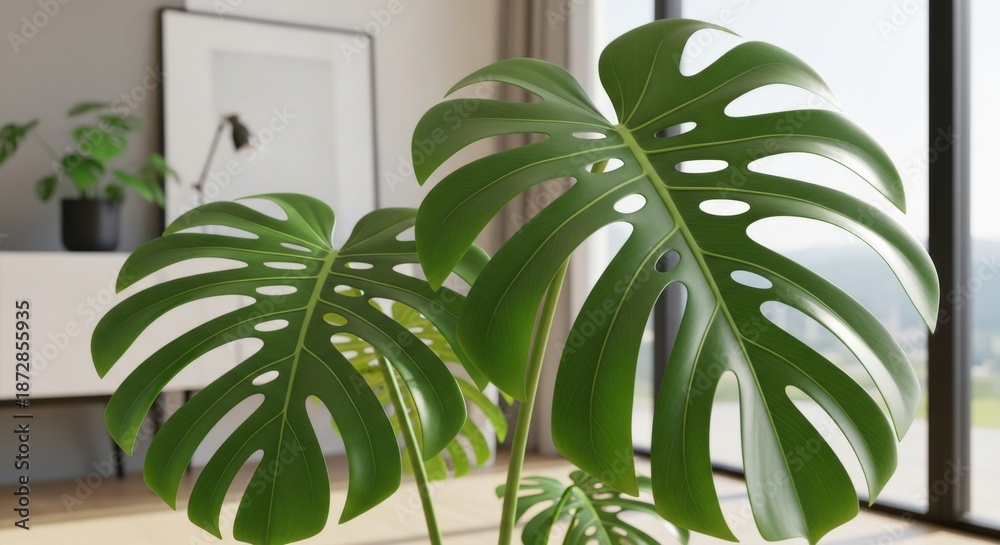 Obraz premium Vibrant Monstera Deliciosa Leaves in Bright Modern Interior, Symbolizing Home Wellness and Biophilic Design Trend for Decor Advertising.
