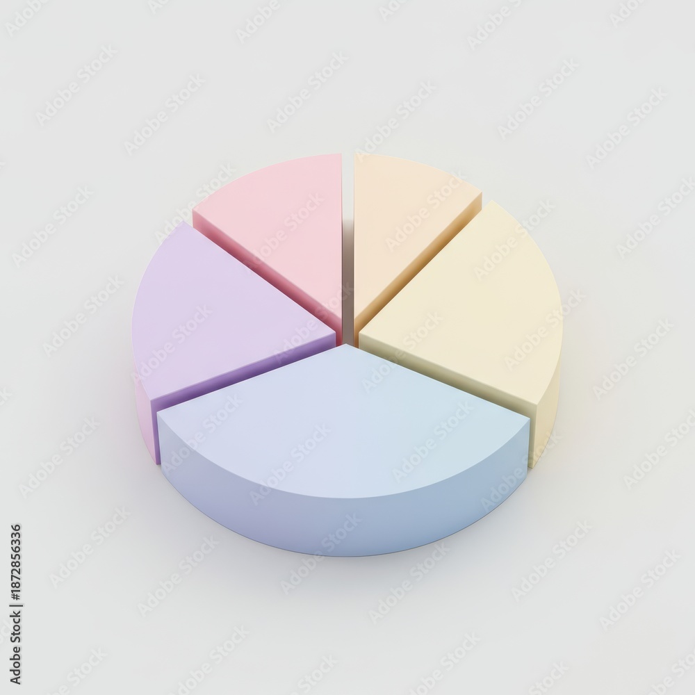 Obraz premium A 3d pie chart with five pastel colored sections on a white background