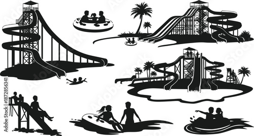 Black and white of people enjoying water slides and pools in a tropical setting with palm trees