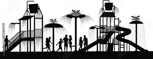 Black and white silhouette of children playing at a water playground with slides and water