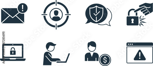 Cybersecurity and data protection icons: email alert, target, shield, and hacking.