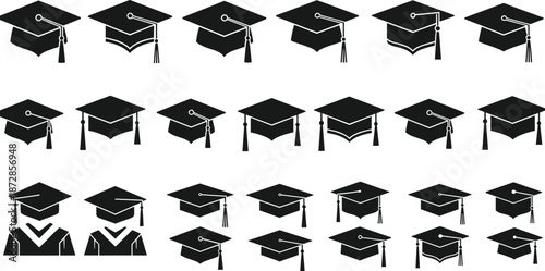 Set of graduation caps and academic attire icons representing educational milestones.