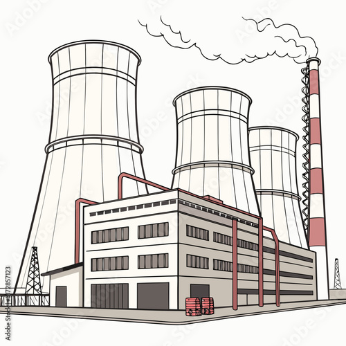 Power plant complex with multiple cooling towers and smokestack 1