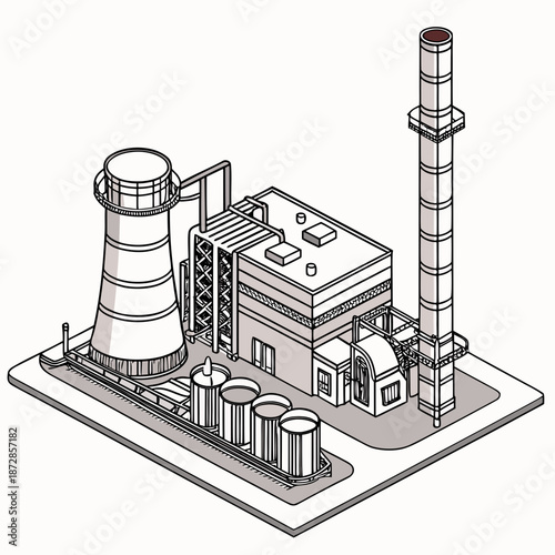 Isometric view of energy plant complex with cooling tower and smokestack