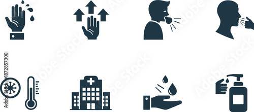 Icons illustrating hygiene and health measures like hand washing, fever, and illness prevention.