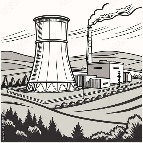 Industrial energy station with cooling tower and smokestack