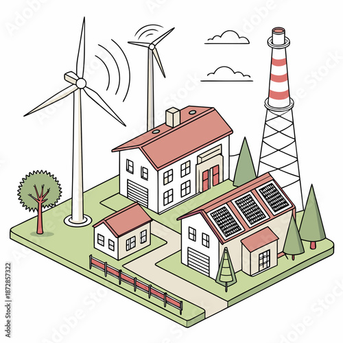 Isometric view of energy plant complex integrated with nearby community