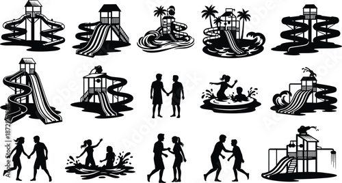 Black and white silhouettes of people enjoying water park slides and activities with tropical