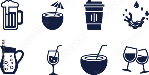 Variety of drink icons including beer, coconut water, coffee, and wine.
