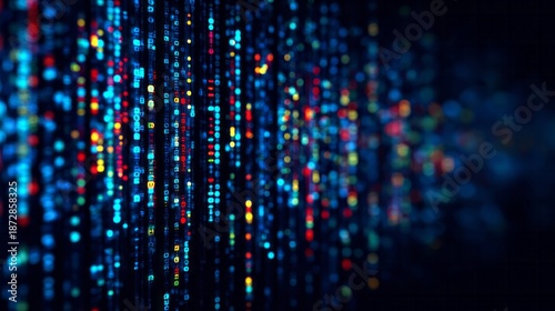 Colorful digital data streams flow in abstract dark cyberspace.