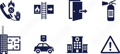 Set of safety and emergency icons including fire, exit, and hospital symbols.