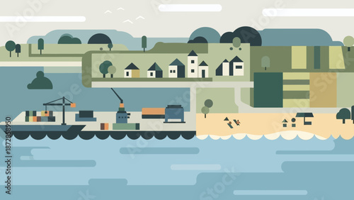 Coastal town life: A tranquil coastal town scene, with buildings and a bustling harbor. The setting portrays a perfect blend of town and nature.