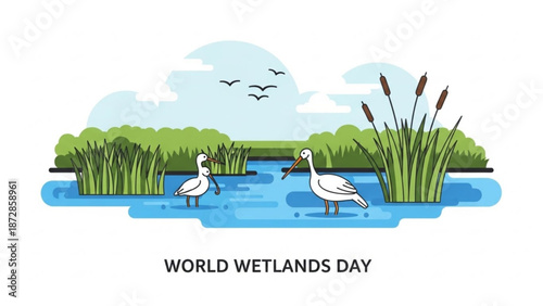 World wetlands day illustration with two white birds standing in blue water surrounded by lush green reeds and cattails under a serene blue sky with flying birds