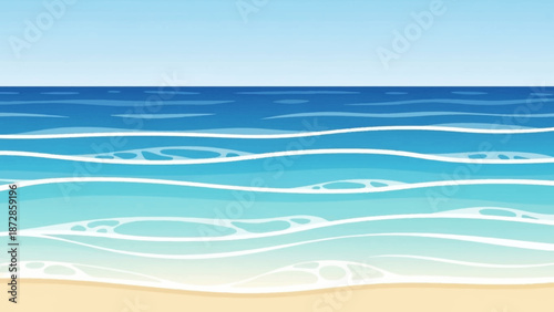 Serene Ocean Waves: A captivating illustration of the ocean meeting the beach, with waves gently rolling towards the sandy shore, evokes a sense of peace and tranquility.
