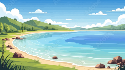 Serene Coastal Haven: Captivating scenery of a beach embracing the tranquil waters under a clear sky, embodying serenity and natural beauty.