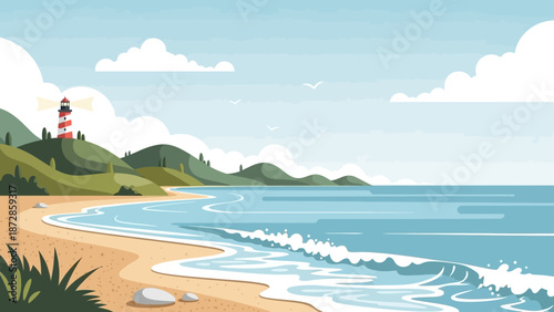 Coastal Beacon: A picturesque illustration captures the serenity of the coast, with a majestic lighthouse guiding ships safely along the water's edge, embraced by a gentle breeze and rolling hills.