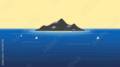 Island Oasis: A secluded island rises from a serene sea under a soft, golden sky, evoking a sense of tranquility and isolation.