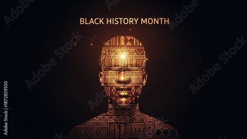 Black history month celebration with golden african patterned human face on dark background with African patterns and golden illustration and diversity