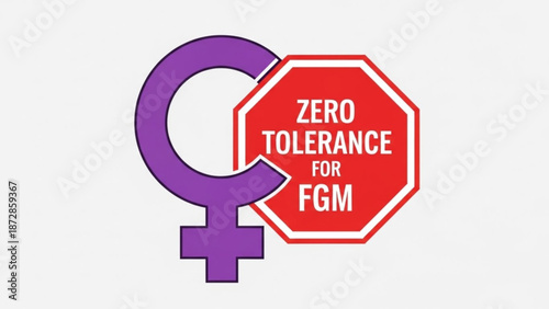Zero tolerance for female genital mutilation awareness symbol with purple female sign and red stop sign with FGM and women s rights and human rights