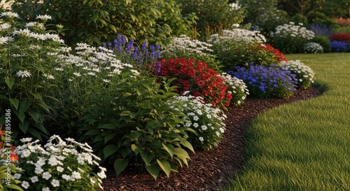 Vibrant Perennial Flower Bed Blooming with Red, White, and Blue Flowers, Emphasizing Perfect Professional Landscaping and Premium Curb Appeal.