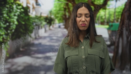 Hispanic woman grimaces, face and closed eyes shown in medium portrait on a sunlit street with trees and pavement; disgust unease.