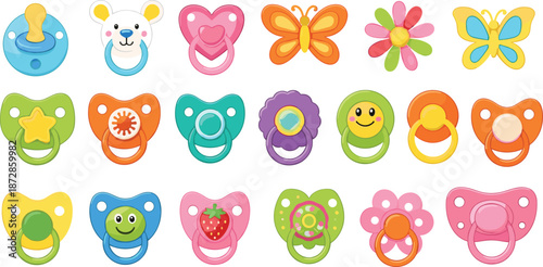 Cute baby pacifier icon collection featuring colorful toddler soothers toys playful shapes flat vector illustration set design