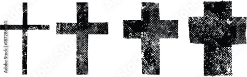 Religion Crosses set. Rough edges end textured surface. Christian crosses collection from tiny to bold. Vector