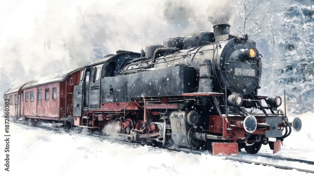 Fototapeta premium Vintage steam train in snowy winter landscape with smoke and red carriages.