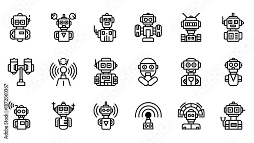 Collection of Simple Robot Icons in Black.