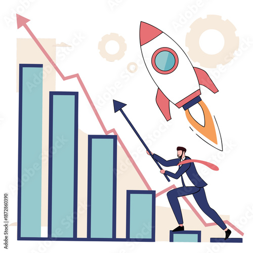 Businessman launching rocket through growth acceleration graph