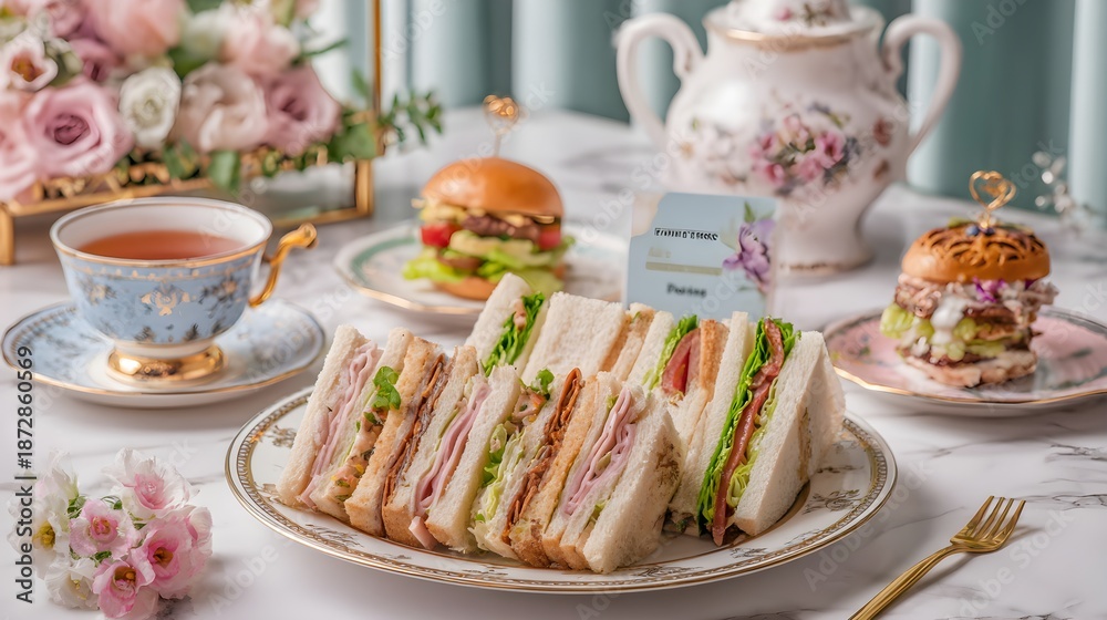Fototapeta premium A selection of delicate finger sandwiches arranged elegantly on a plate, ready for afternoon tea or a special occasion