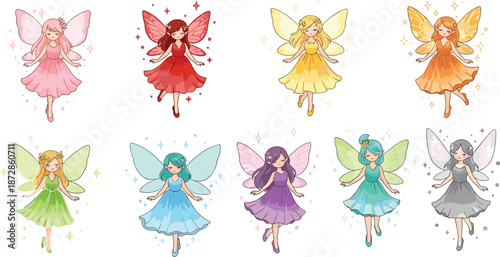 Cute fairy character collection featuring colorful magical girls wings dresses fantasy cartoon style flat vector illustration set