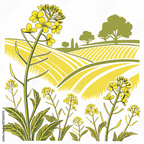 Of agricultural landscape with yellow blooms and rolling hills