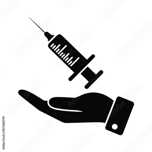 Hand holding a hypodermic syringe vector illustration in black and white