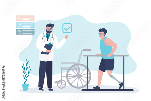 Physiotherapist and patient with artificial limb doing therapeutic exercise. Young man with leg prosthetic appliance. Rehabilitation after trauma or injury.