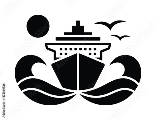 Vector illustration of a cruise ship sailing on ocean waves under bright sun.