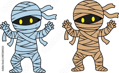 Cute mummy characters vector illustration, cartoon halloween monsters, wrapped bandage figures, spooky kids design, playful horror theme, isolated flat style