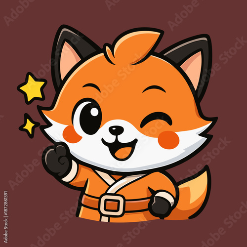 Animated orange fox winks while doing yoga kungfu.