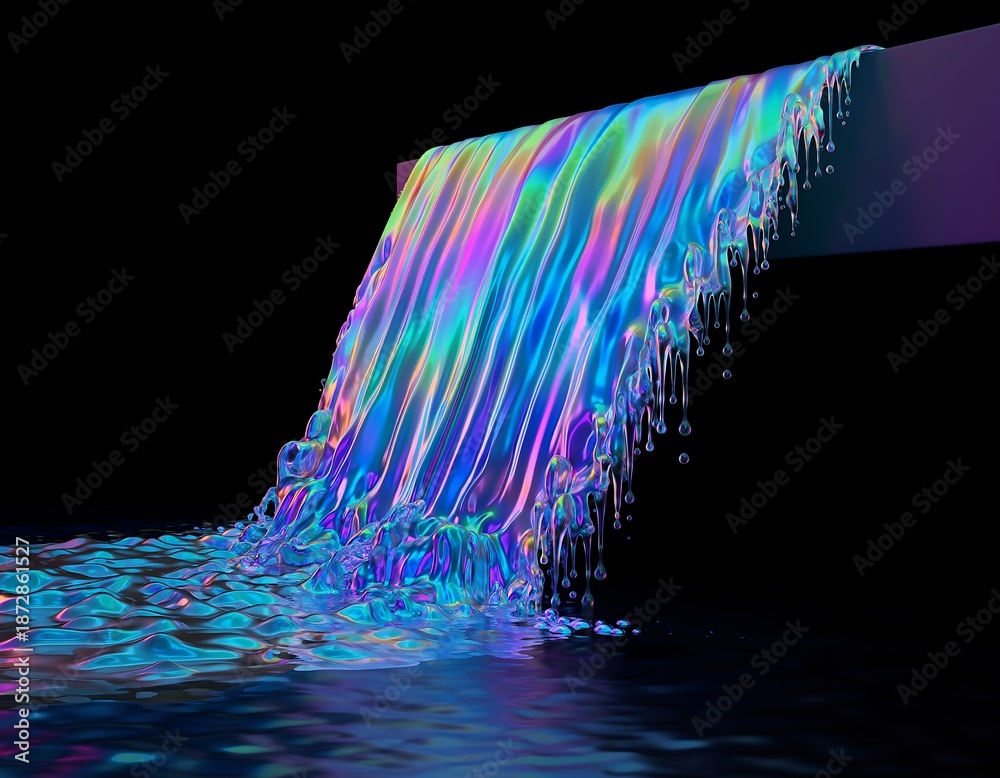 Fototapeta premium Vibrant Waterfall Cascading Downward with Iridescent Colors in a Dark Environment from a Close-Up Viewpoint
