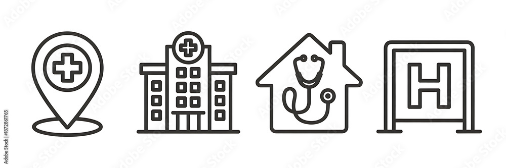 Obraz premium Set of Medical and Healthcare Line Icons Including Hospital Building Stethoscope and Location Pin