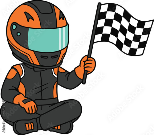 Cute racing driver cartoon character holding checkered flag vector illustration motorsport winner mascot chibi style playful design