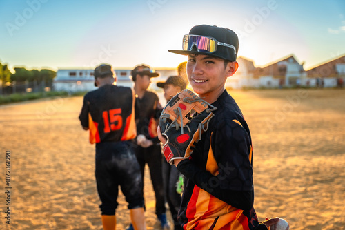 Fotografie Young baseball player smiling holding glove on field
