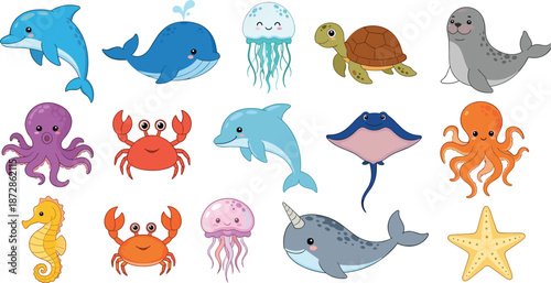 Cute sea animals vector collection featuring cartoon whale dolphin octopus turtle crab seahorse jellyfish and narwhal for children educational nautical design